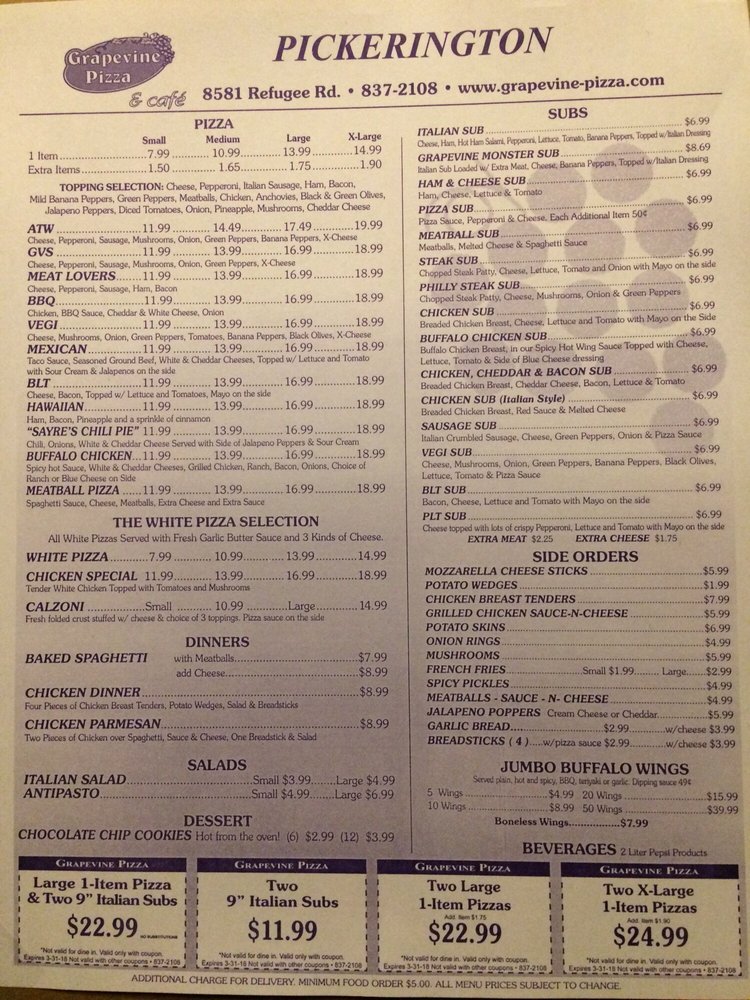 Online Menu Of Grapevine Pizza Restaurant Pickerington Ohio