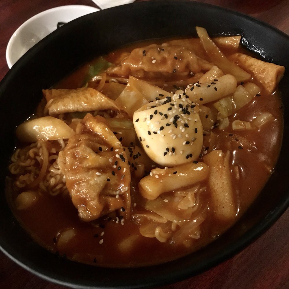 Tteokbokki. Filled with rice cakes, mandoo, fish cake