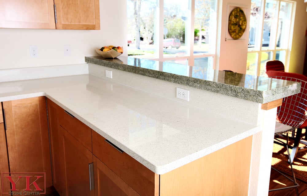 White quartz and Costa Esmeralda raised bar countertop Yelp