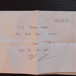 td home repair closed contractors 58 wheeler ave milford ct handwritten receipt