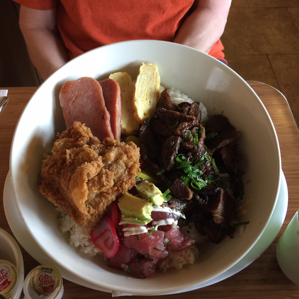 Mento Bento kalbi beef, poke ahi, Spam and fried chicken over rice Yelp